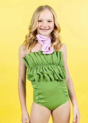 Ribbed Spring Green | Youth Oversized Ruffle Top toddler girl swimwear, summer swimwear for girls