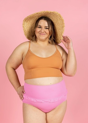 Ribbed Sweet Pink | Mid-Ruffle Bottoms elastic waistband swim bottoms, mix-and-match bikini bottoms