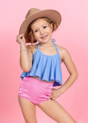 Ribbed Sweet Pink | Mini Down in Front Ruffle Bottoms toddler girl swimwear, summer swimwear for girls