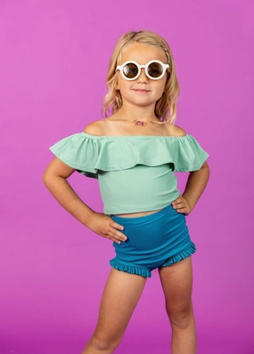 Ribbed Tide Pool Blue | Mini All Ruffled Up Bottoms toddler girl swimwear, summer swimwear for girls