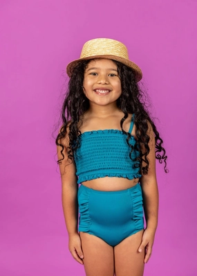 Ribbed Tide Pool Blue | Mini Bandeau Top toddler girl swimwear, summer swimwear for girls