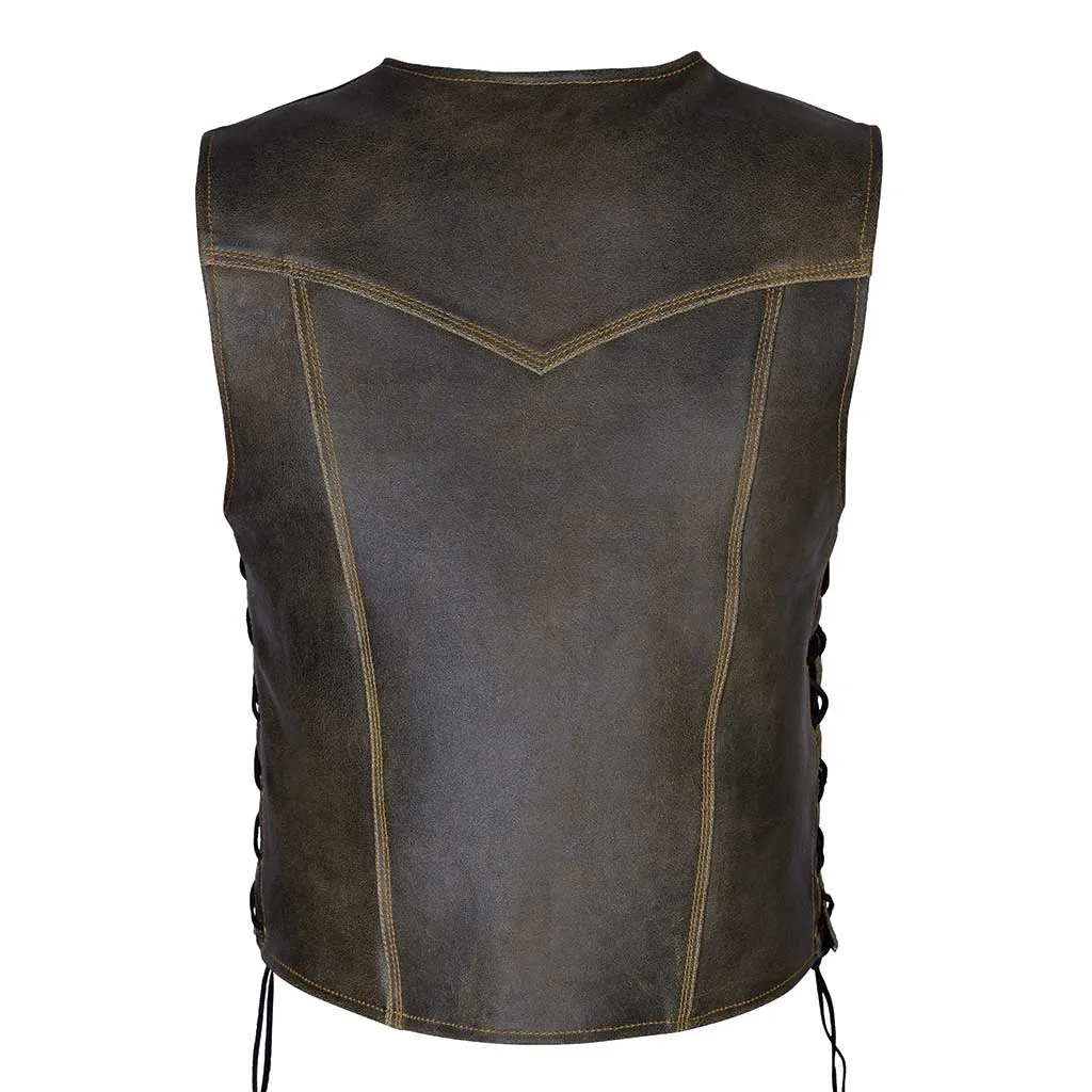 RIDERACT® Harley Distressed Leather Vest Motorcycle Stud Closure Biker Vest