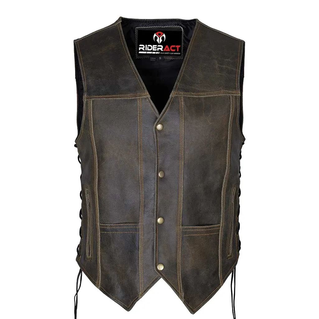 RIDERACT® Harley Distressed Leather Vest Motorcycle Stud Closure Biker Vest