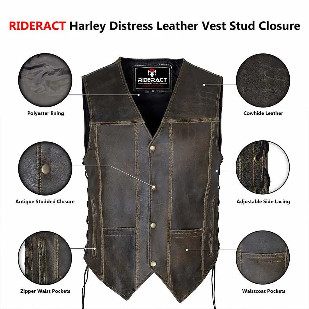 RIDERACT® Harley Distressed Leather Vest Motorcycle Stud Closure Biker Vest