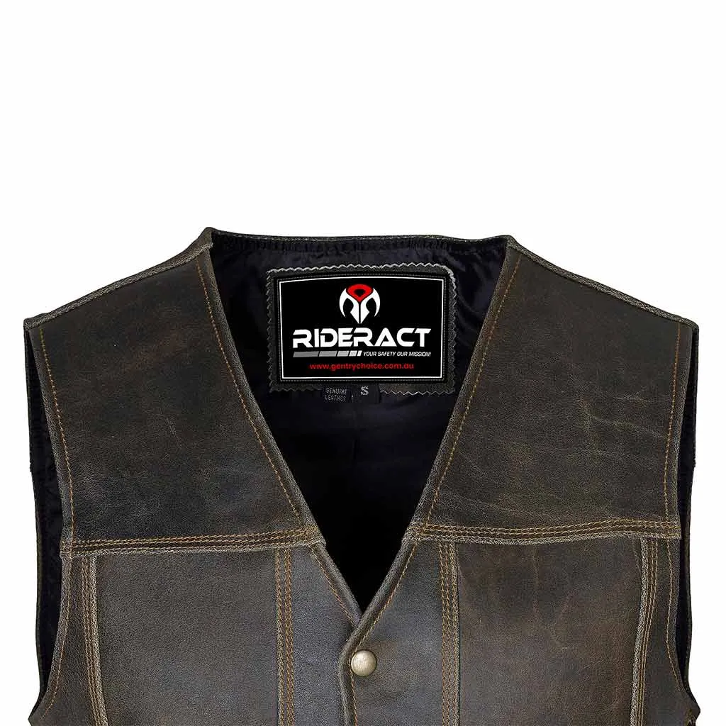 RIDERACT® Harley Distressed Leather Vest Motorcycle Stud Closure Biker Vest
