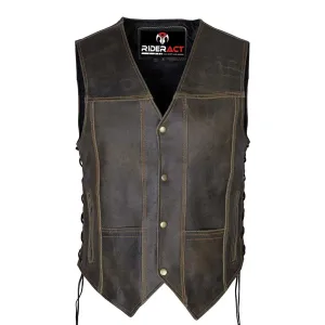 RIDERACT® Harley Distressed Leather Vest Motorcycle Stud Closure Biker Vest