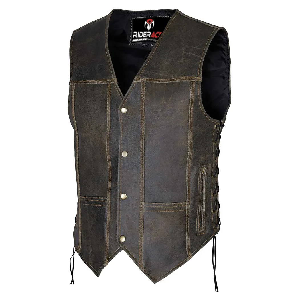 RIDERACT® Harley Distressed Leather Vest Motorcycle Stud Closure Biker Vest