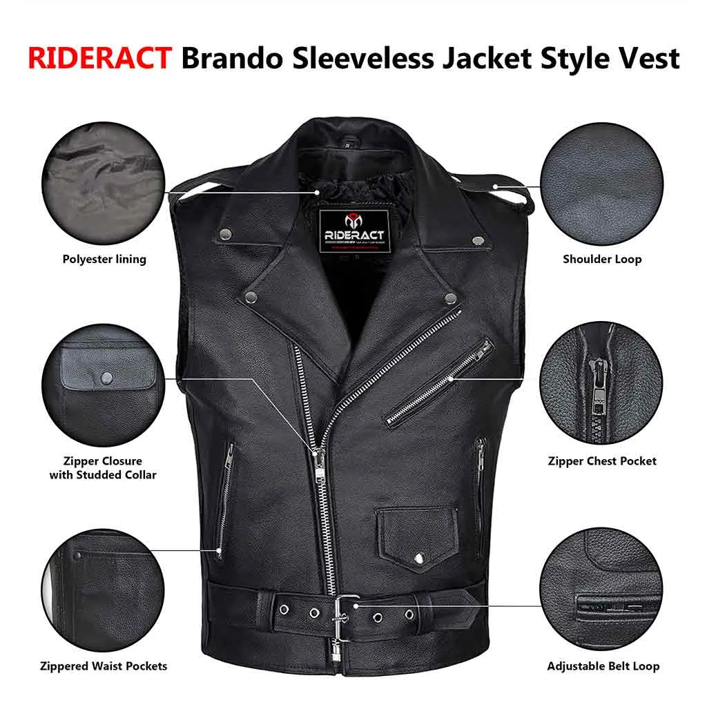 RIDERACT® Men's Leather Motorcycle Vest Brando Sleeveless Biker Vest