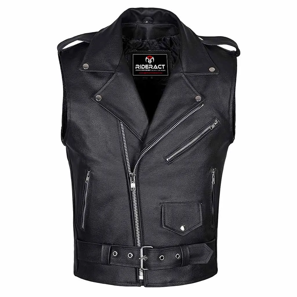 RIDERACT® Men's Leather Motorcycle Vest Brando Sleeveless Biker Vest