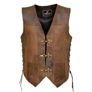 RIDERACT® Men's Leather Vest Harley Distress Antique Clasp Closure Motorcycle Vest