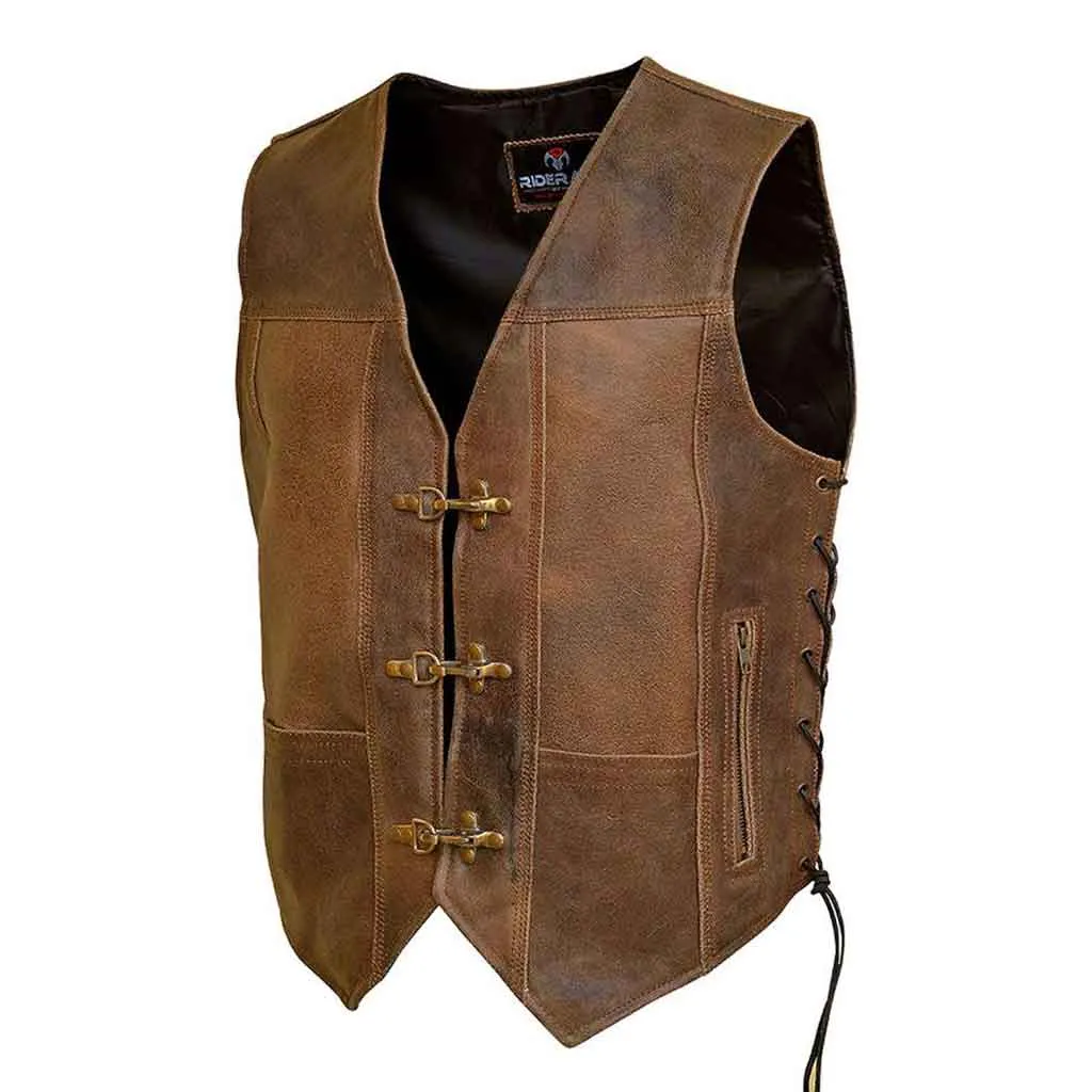 RIDERACT® Men's Leather Vest Harley Distress Antique Clasp Closure Motorcycle Vest