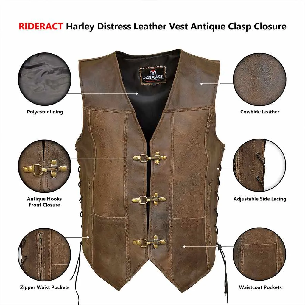 RIDERACT® Men's Leather Vest Harley Distress Antique Clasp Closure Motorcycle Vest
