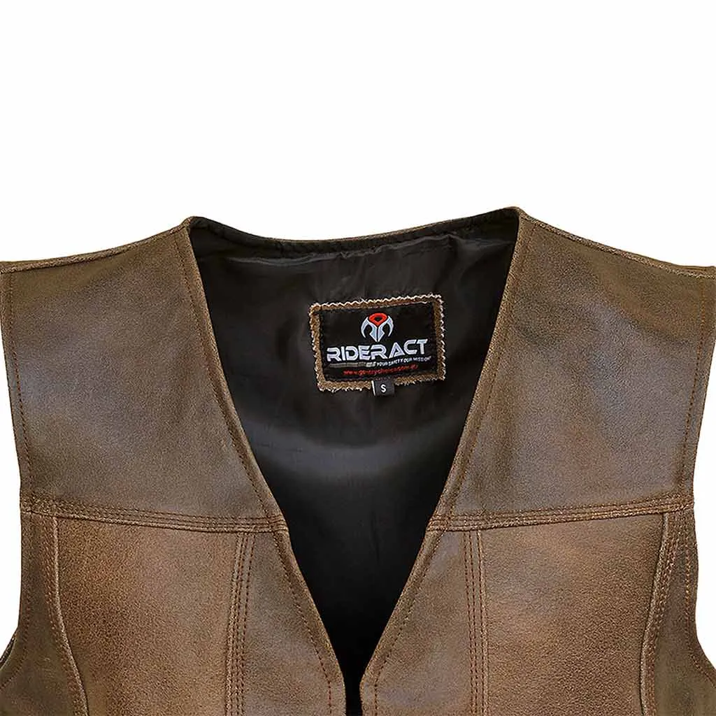 RIDERACT® Men's Leather Vest Harley Distress Antique Clasp Closure Motorcycle Vest
