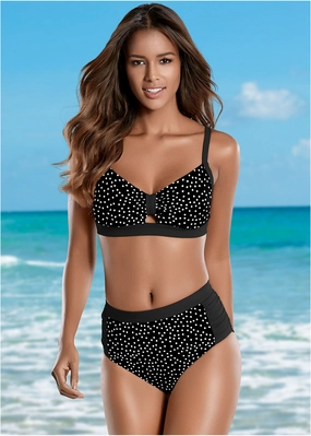 Ruched High-Waist Bottom - Black Vintage Dot black swim bottoms women, solid color bikini bottoms