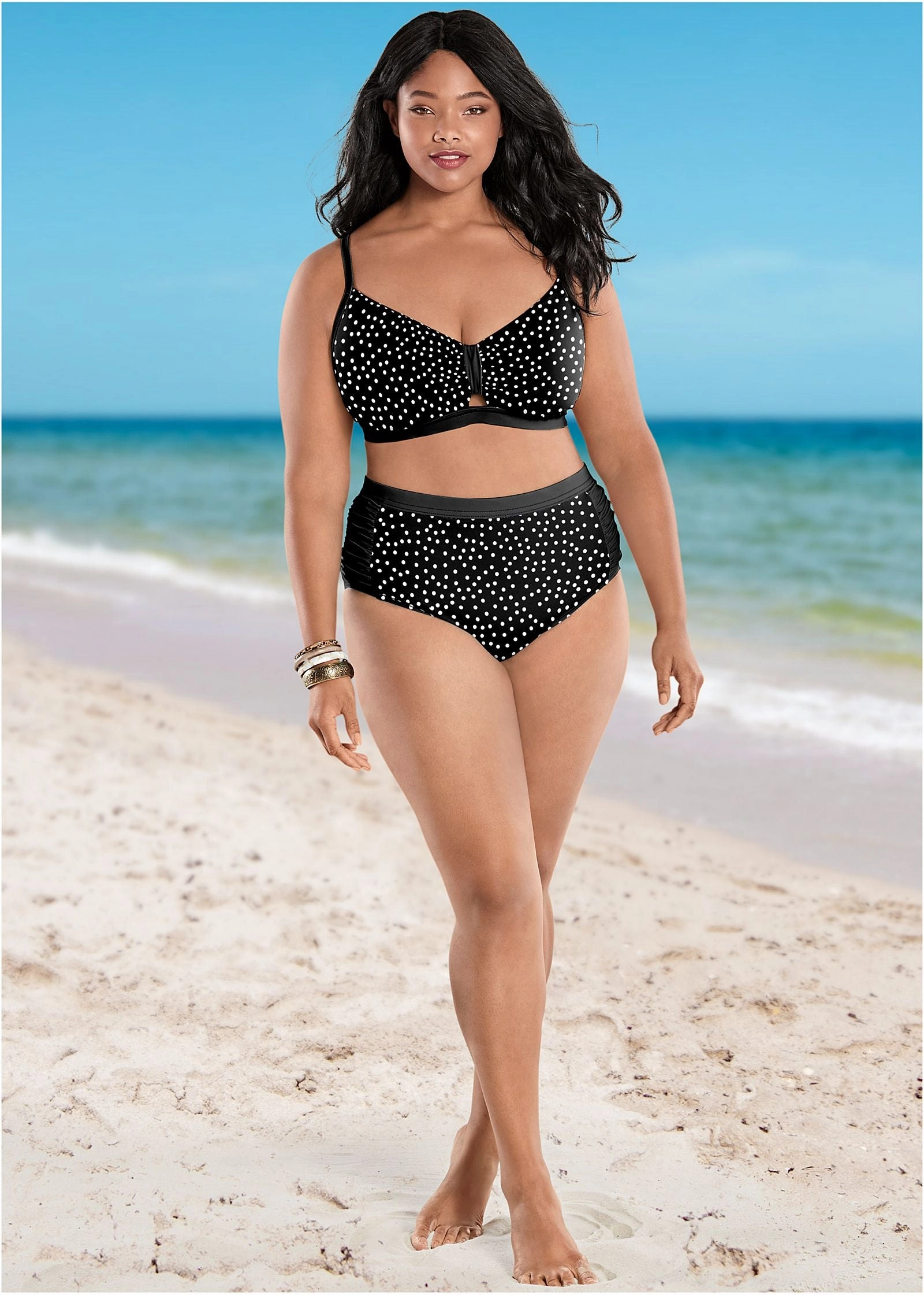 Ruched High-Waist Bottom - Black Vintage Dot