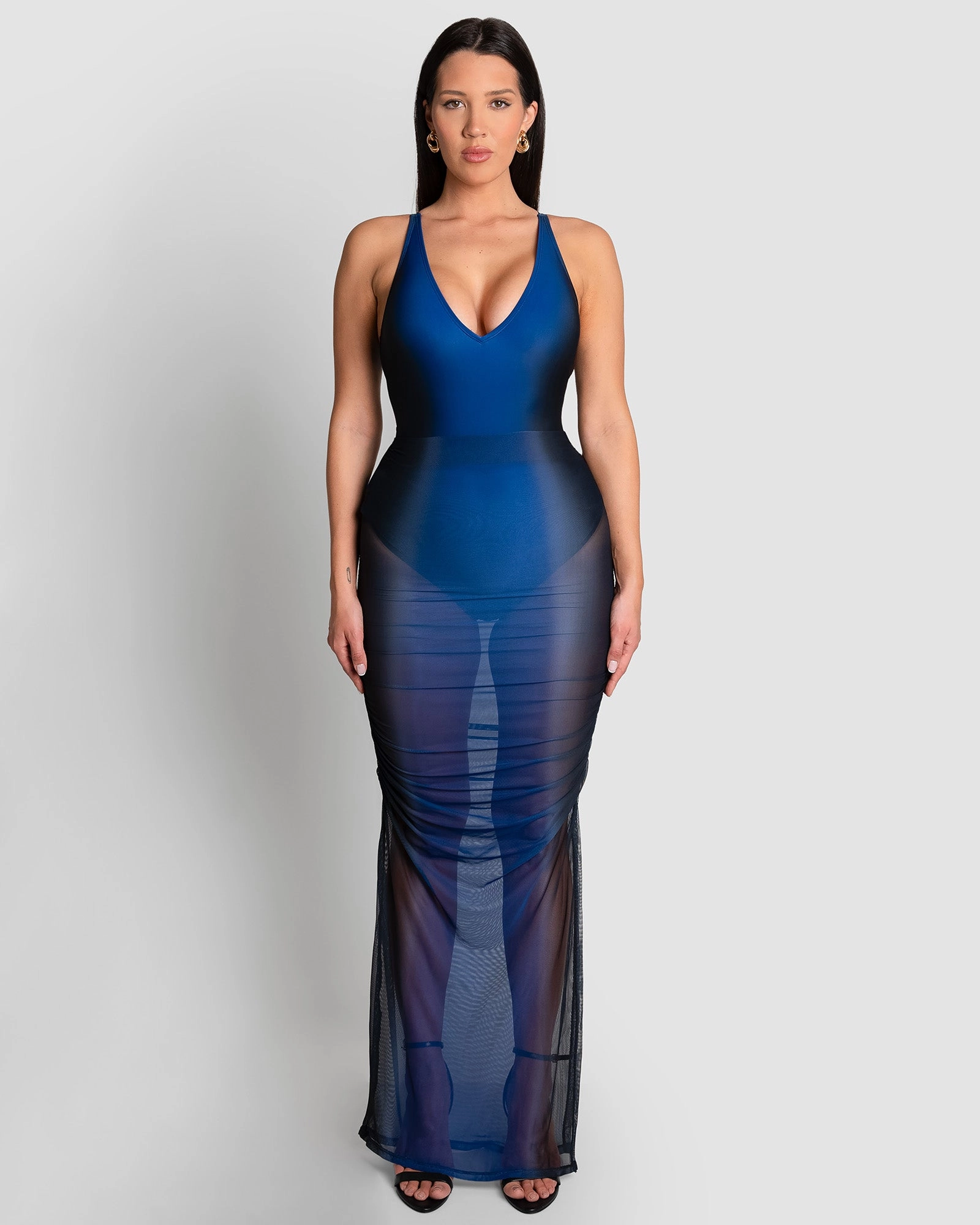 Ruched Sheer Midi Skirty - Midnight Ombre shaping swimwear for women, tummy control sculpting swimsuits