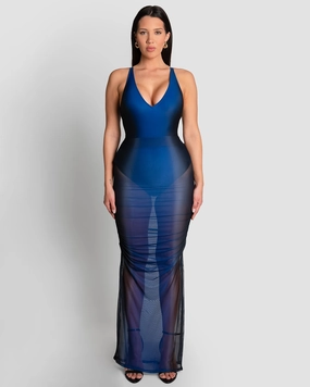 Ruched Sheer Midi Skirty - Midnight Ombre shaping swimwear for women, tummy control sculpting swimsuits