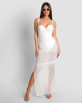 Ruched Sheer Midi Skirty - White shaping swimwear for women, tummy control sculpting swimsuits