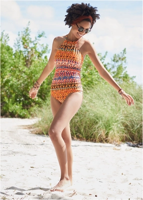 Ruched Side Halter Tankini - Island Stripes supportive swim tops, printed bikini tops