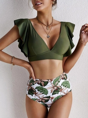 Ruffled Printed V-Neck Two-Piece Swim Set stretchy swimwear for women, soft fabric swimsuits for ladies