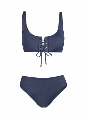 Samara Top   Classic Midrise Bottom In Indigo Twill bikini bottom with tie sides, swim top for sunbathing