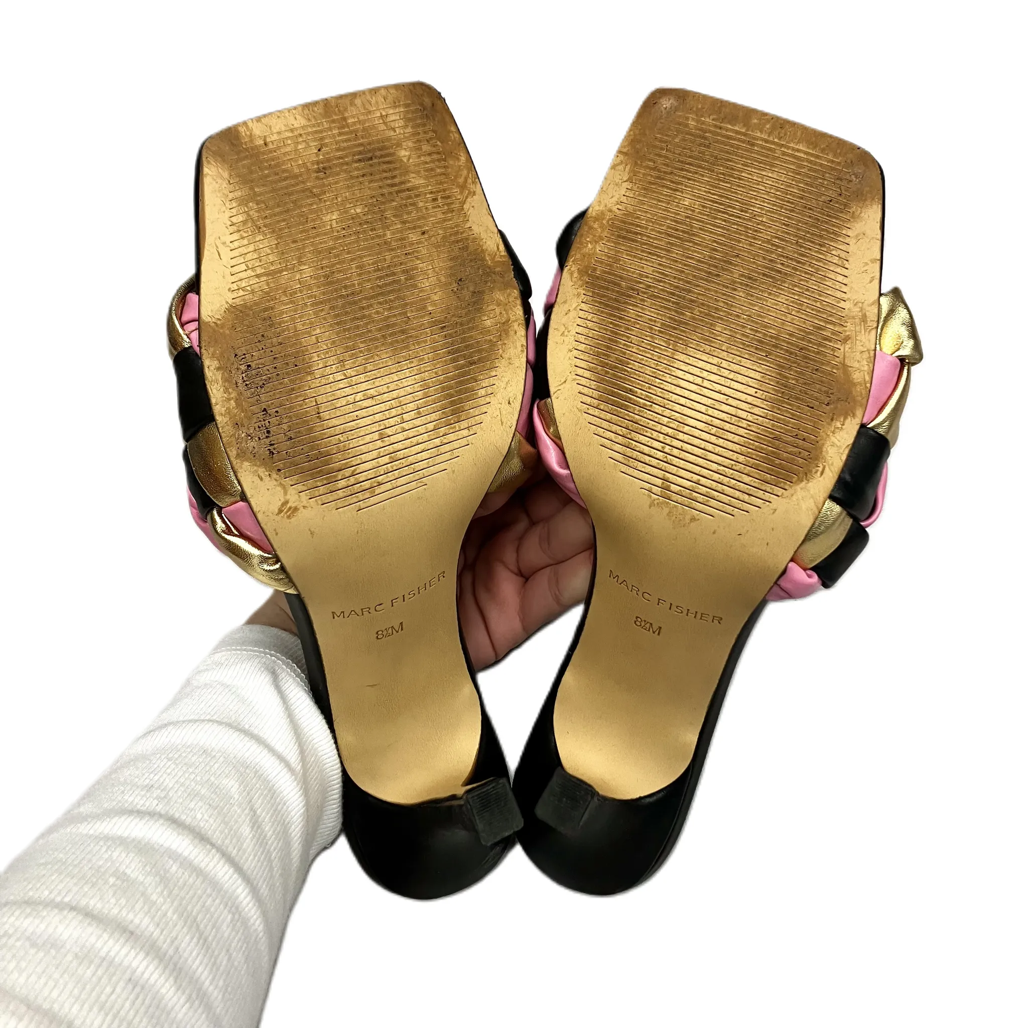 Sandals Heels Stiletto By Marc Fisher In Black & Gold, Size: 8.5 marc-fisher