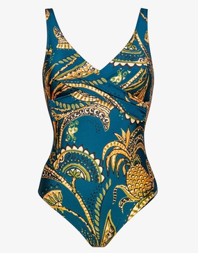 Satin Fruits Wrap Front Swimsuit - Ocean Pineapple cup sized swimwear women, supportive swimsuits for large bust