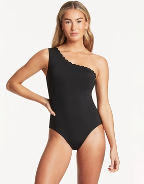 Scallop Wide Strap Diagonal Swimsuit - Black tummy control swimwear women, slimming swimsuits