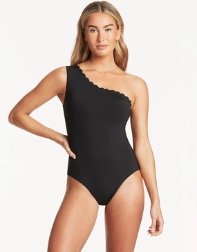 Scallop Wide Strap Diagonal Swimsuit - Black womens resort swimwear, flattering one-piece swimsuits