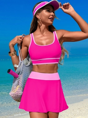 Scoop Neck Top and Skort Swim Set stretchy swimwear for women, soft fabric swimsuits for ladies
