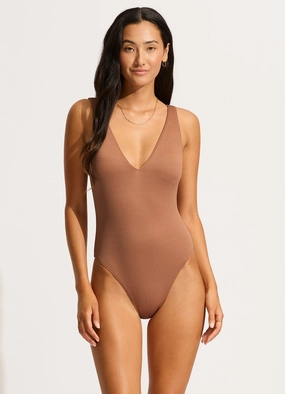 Sea Dive Deep V Neck One Piece - Bronze plus size swimwear women, summer swimwear for ladies
