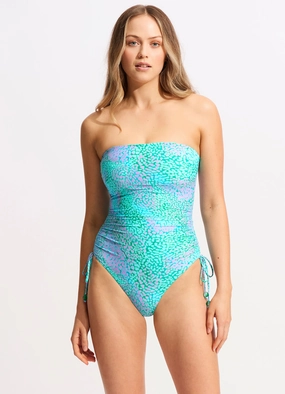 Sea Skin DD Drawstring Bandeau One Piece - Vivid Green modern womens swimwear, one piece swimsuits women