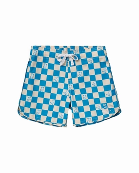 Seaesta Surf x Peanuts Turquoise Checkerboard Boardshorts boys swimwear sets, boys swim trunks