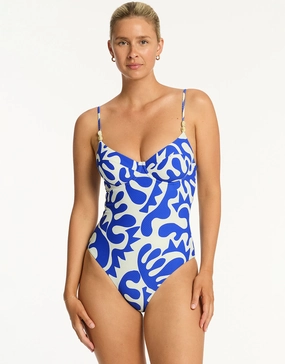 Seascape Balconette Swimsuit - Blue tummy control swimwear women, slimming swimsuits