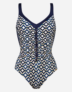 Seaside Dining Moulded Swimsuit - Navy Cream cup sized swimwear women, supportive swimsuits for large bust