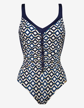 Seaside Dining Moulded Swimsuit - Navy Cream womens resort swimwear, flattering one-piece swimsuits