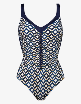 Seaside Dining Moulded Swimsuit - Navy Cream tummy control swimwear women, slimming swimsuits