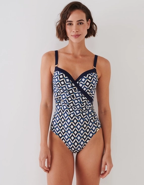 Seaside Dining Moulded Underwired Swimsuit - Navy Cream underwired swimsuits for women, supportive swimwear tops