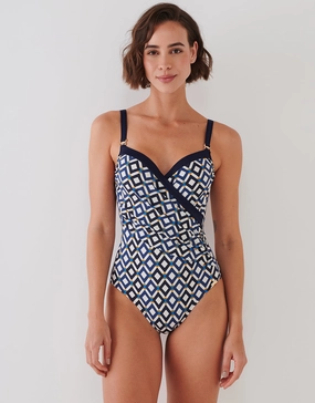 Seaside Dining Moulded Underwired Swimsuit - Navy Cream cup sized swimwear women, supportive swimsuits for large bust