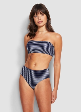 Seaside Stripe Wide Side Retro Pant - True Navy push up bikinis women, sporty womens bikini sets