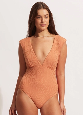 Second Wave V Neck One piece - Copper Tan flattering swimwear women, comfortable swimwear for women