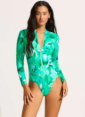 Secret Garden Zip Front Surf Suit - Jade plus size swimwear women, summer swimwear for ladies