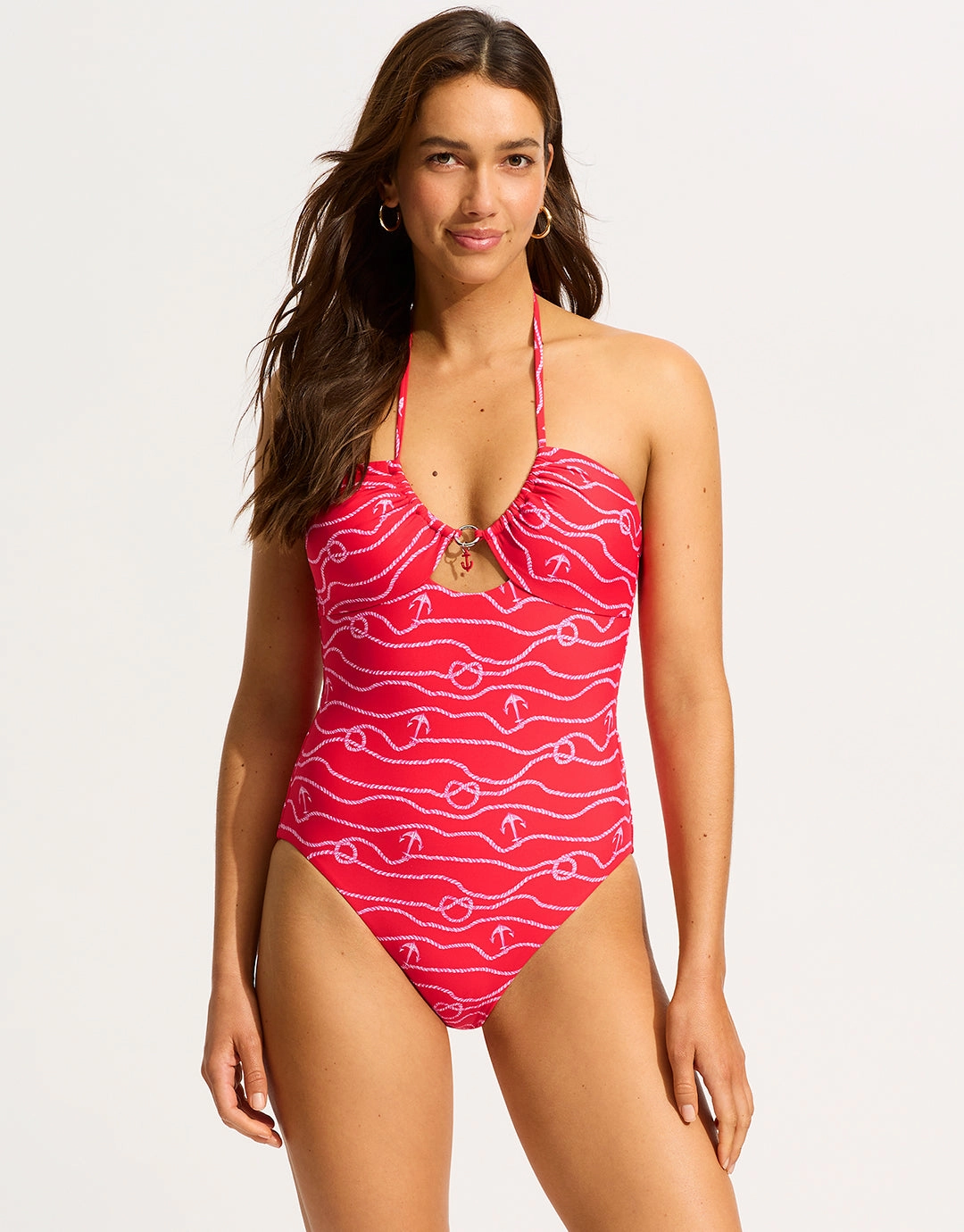 Set Sail Drawstring Halter Swimsuit - Chilli Red womens resort swimwear, flattering one-piece swimsuits