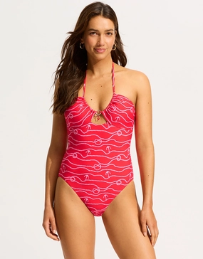 Set Sail Drawstring Halter Swimsuit - Chilli Red womens resort swimwear, flattering one-piece swimsuits
