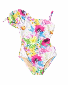 Shade Critters Watercolor Floral Puff Sleeve Swimsuit stylish teen girl swimsuits, teen girls swimwear sets