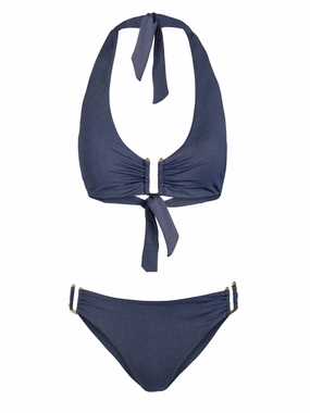 Shana Top   Layla U Bottom In Indigo Twill bikini bottom with tie sides, swim top for sunbathing