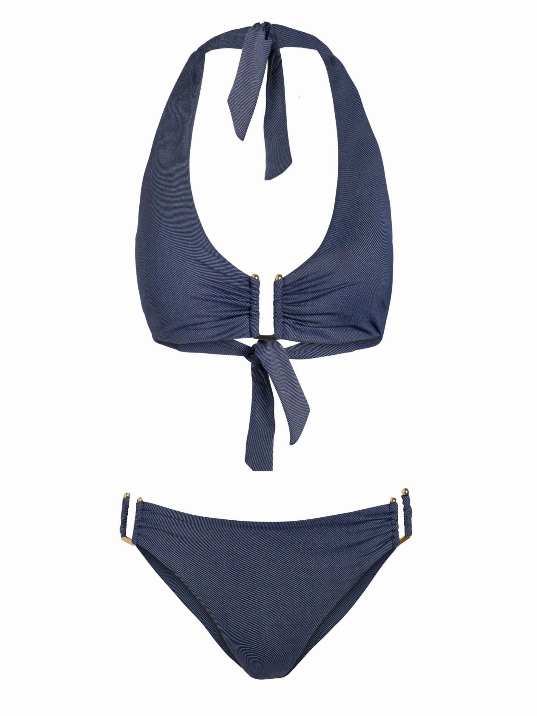 Shana Top   Layla U Bottom In Indigo Twill bikini bottom with tie sides, swim top for sunbathing