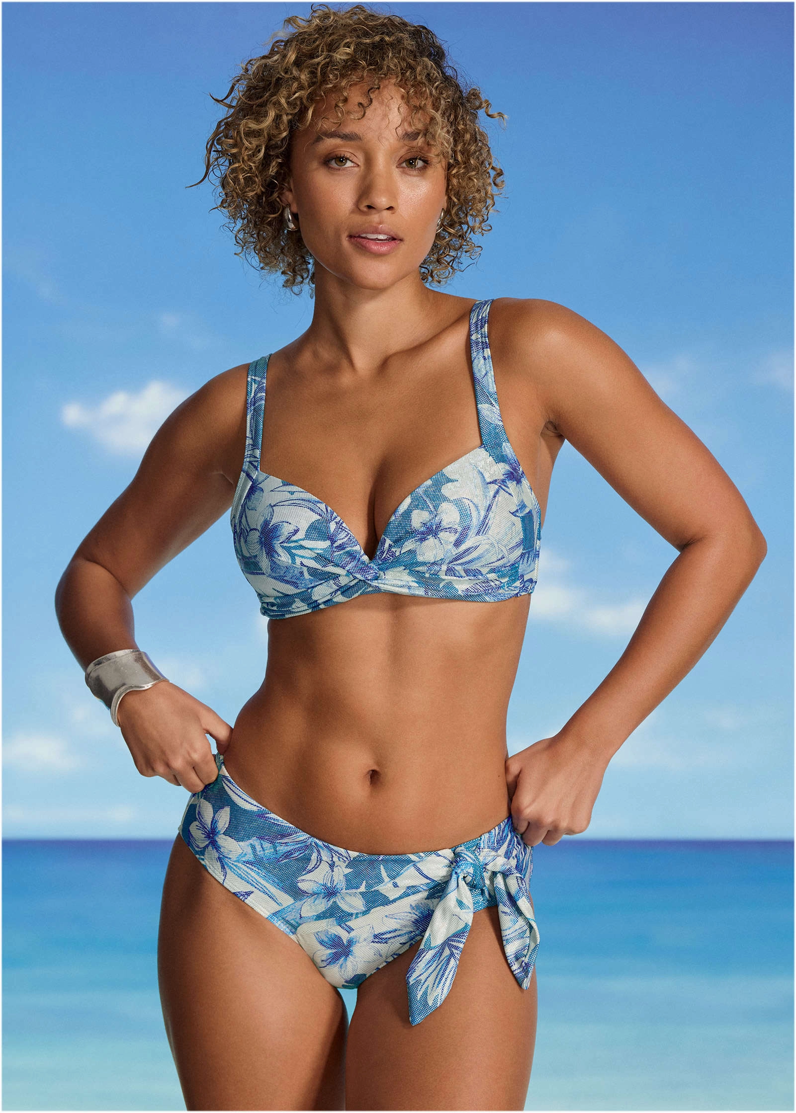 Shine St Lucia Twist Front Top - Denim Botanical bandeau bikini tops, triangle swim tops