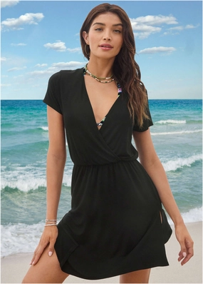 Short Sleeve Cover-Up Dress - Black plain swimwear women, minimalist swimsuits