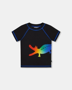 Short Sleeve Rashguard Black And Multicolored Crocodiles boys swimwear sets, boys swim trunks